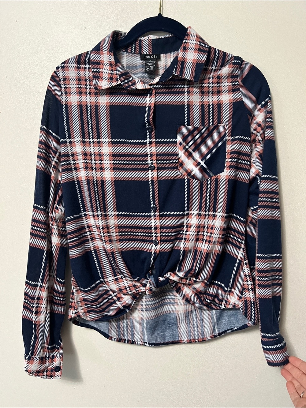 Rue21 Navy and Coral Plaid Tie-Front Shirt